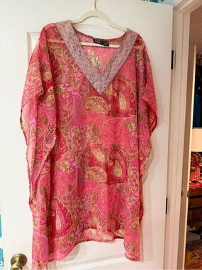 Boho Sheer Paisley Cover-Up Tunic Pink Metallic Lurex Free Size Made in India
